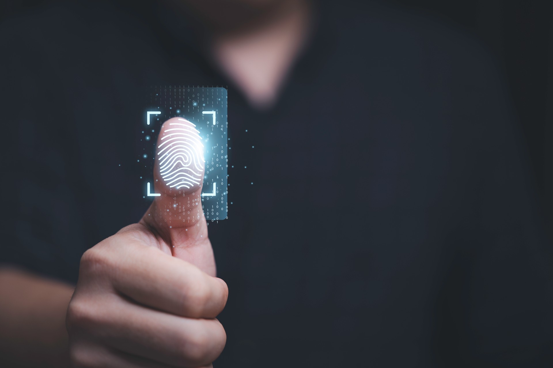 Thumbs up with virtual fingerprint to scan biometric identity and access password thru fingerprints for technology security system and prevent hacker concept.